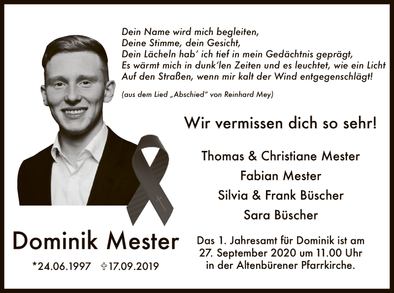  Traueranzeige für Dominik Mester vom 19.09.2020 aus WA