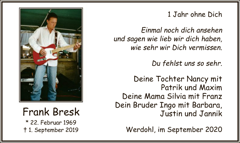  Traueranzeige für Frank Bresk vom 01.09.2020 aus WA