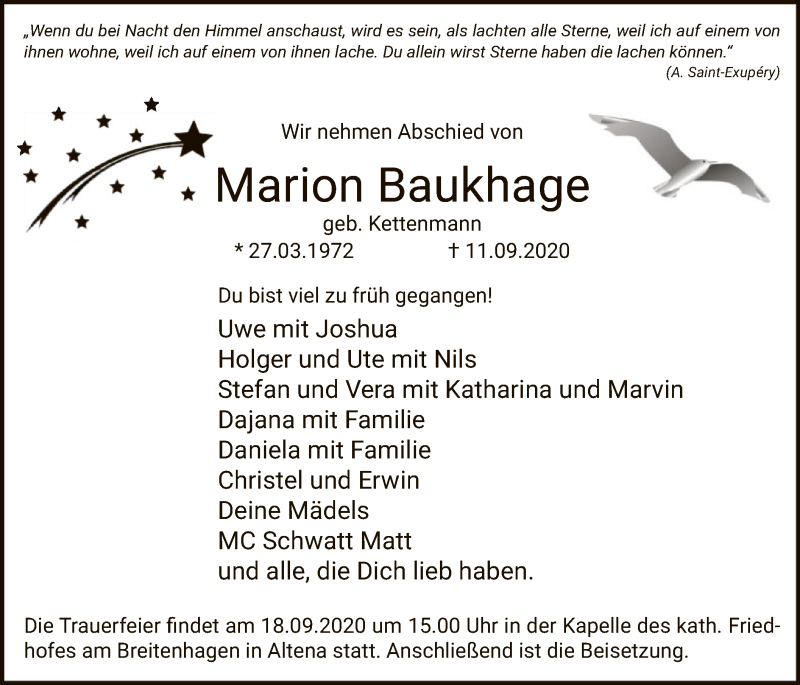  Traueranzeige für Marion Baukhage vom 15.09.2020 aus WA