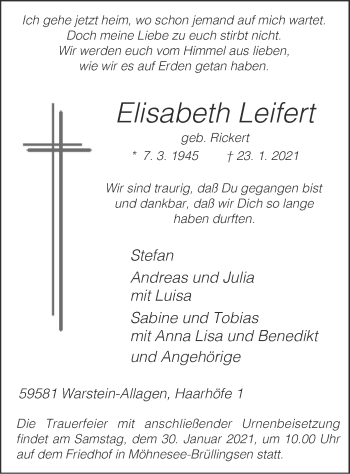 Traueranzeige von Elisabeth Leifert von WA