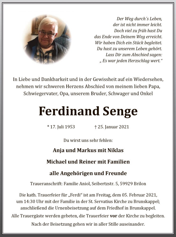  Traueranzeige für Ferdinand Senge vom 30.01.2021 aus WA