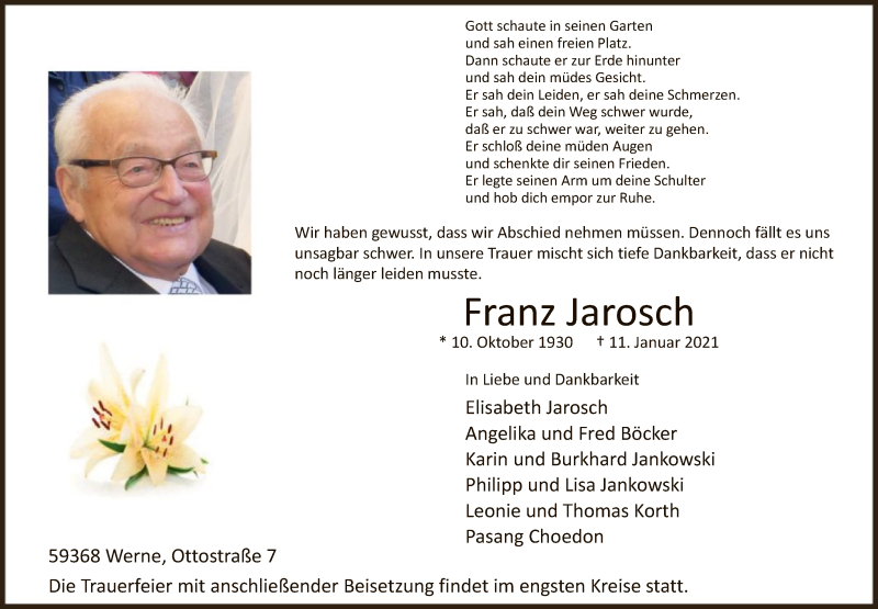  Traueranzeige für Franz Jarosch vom 15.01.2021 aus WA