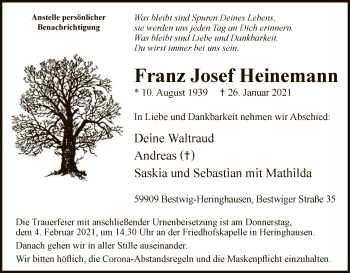 Traueranzeige von Franz Josef Heinemann von WA