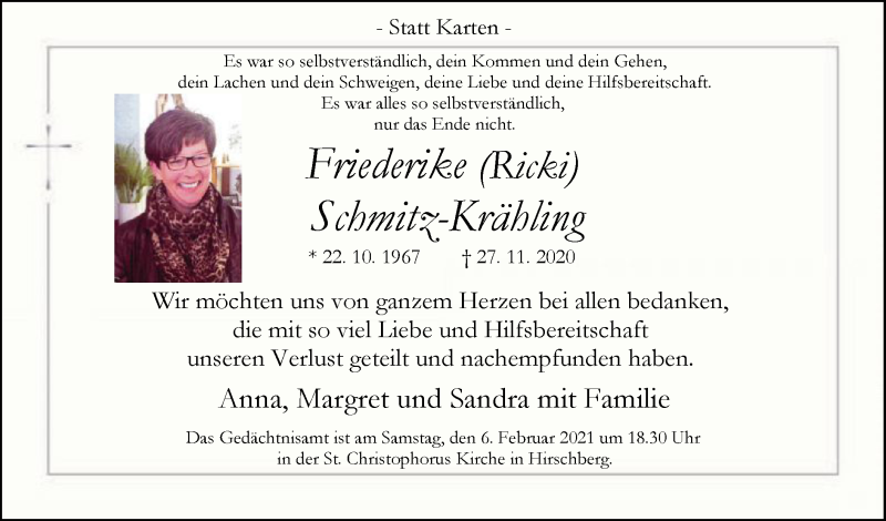  Traueranzeige für Friederike Schmitz-Krähling vom 23.01.2021 aus WA