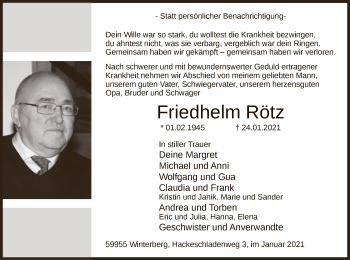 Traueranzeige von Friedhelm Rötz von WA