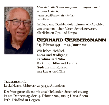 Traueranzeige von Gerhard Gerbersmann von WA