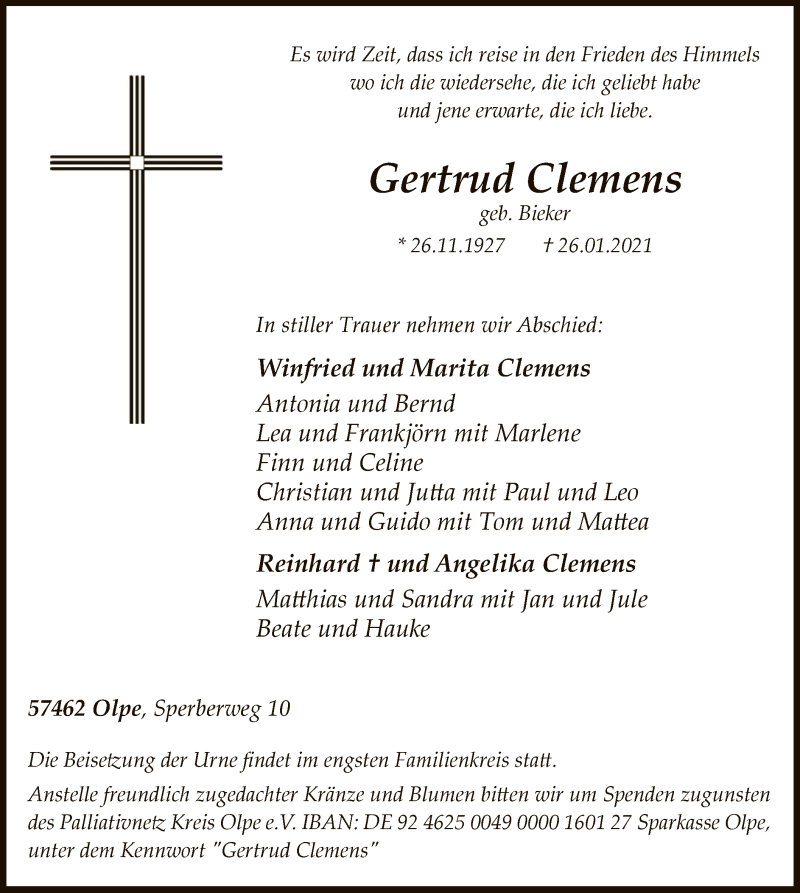  Traueranzeige für Gertrud Clemens vom 30.01.2021 aus WA
