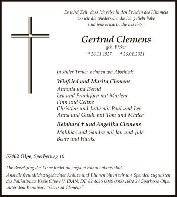 Traueranzeige von Gertrud Clemens von WA