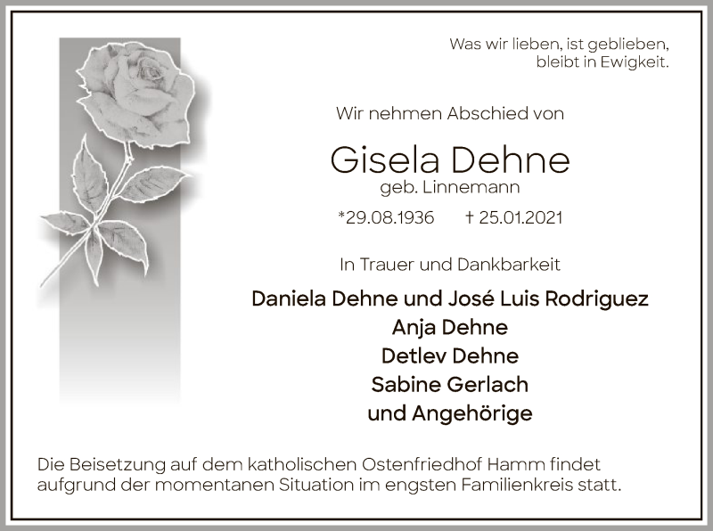  Traueranzeige für Gisela Dehne vom 30.01.2021 aus WA