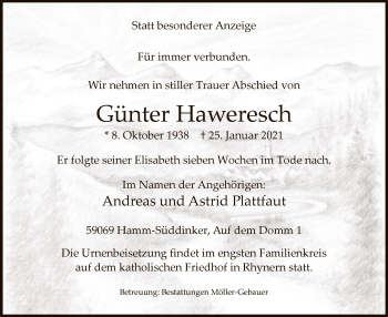 Traueranzeige von Günter Haweresch von WA