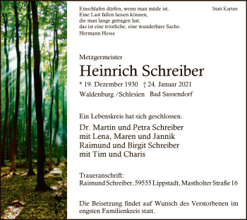 Traueranzeige von Heinrich Schreiber von WA