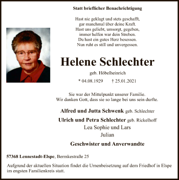 Traueranzeige von Helene Schlechter von WA
