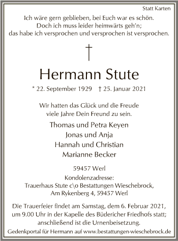 Traueranzeige von Hermann Stute von WA
