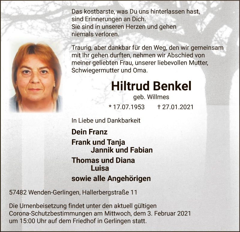  Traueranzeige für Hiltrud Benkel vom 30.01.2021 aus WA