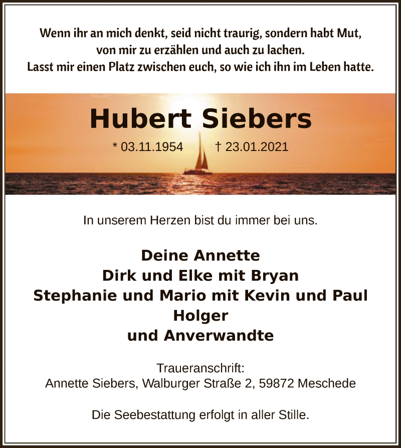  Traueranzeige für Hubert Siebers vom 30.01.2021 aus WA