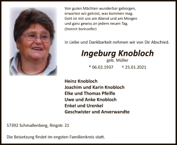 Traueranzeige von Ingeburg Knobloch von WA