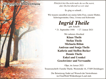 Traueranzeige von Ingrid Theile von WA