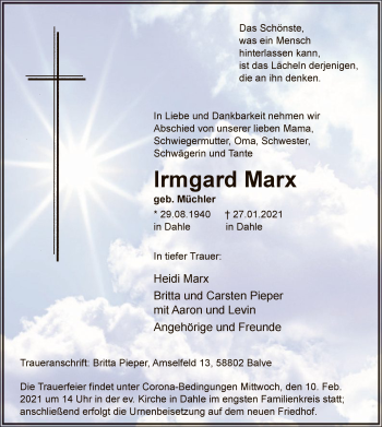 Traueranzeige von Irmgard Marx von WA