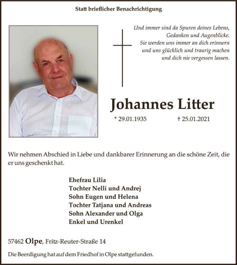  Traueranzeige für Johannes Litter vom 30.01.2021 aus WA