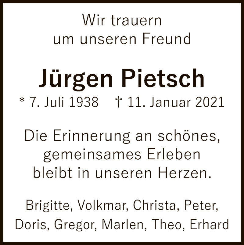  Traueranzeige für Jürgen Pietsch vom 15.01.2021 aus WA