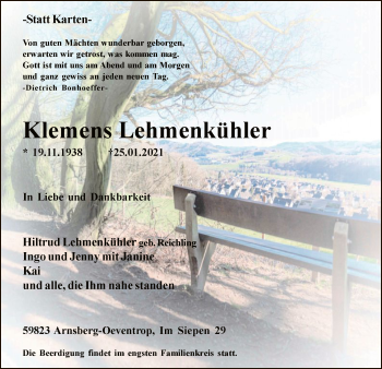 Traueranzeige von Klemens Lehmenkühler von WA