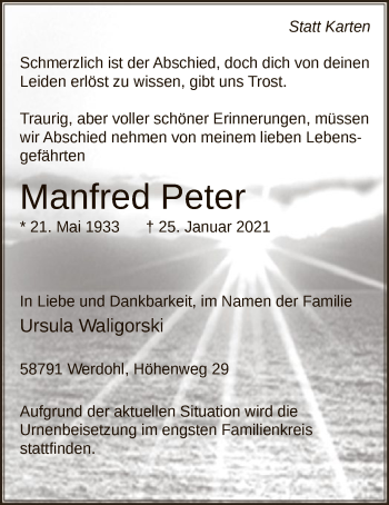 Traueranzeige von Manfred Peter von WA