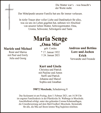 Traueranzeige von Maria Senge von WA