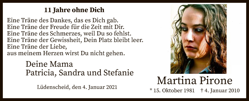  Traueranzeige für Martina Pirone vom 04.01.2021 aus WA