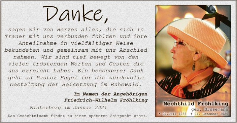  Traueranzeige für Mechthild Fröhlking vom 23.01.2021 aus WA