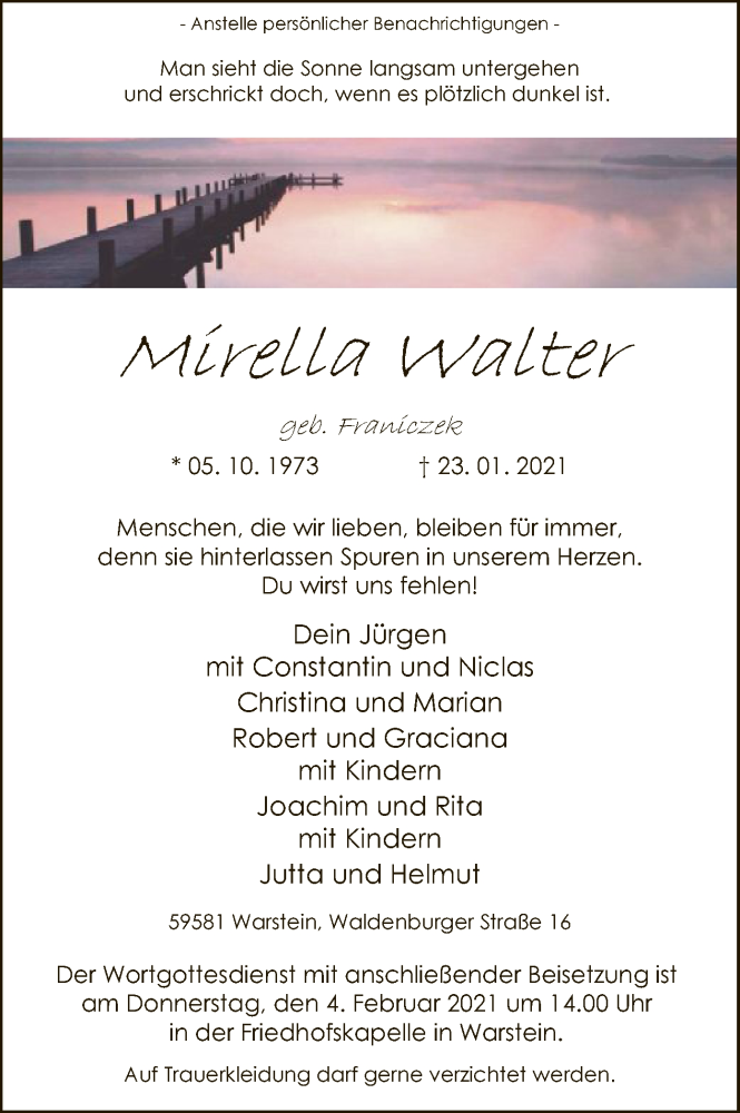  Traueranzeige für Mirella Walter vom 27.01.2021 aus WA
