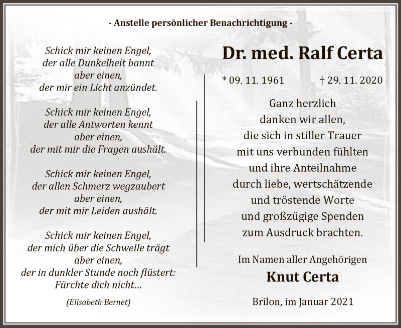  Traueranzeige für Ralf Certa vom 23.01.2021 aus WA