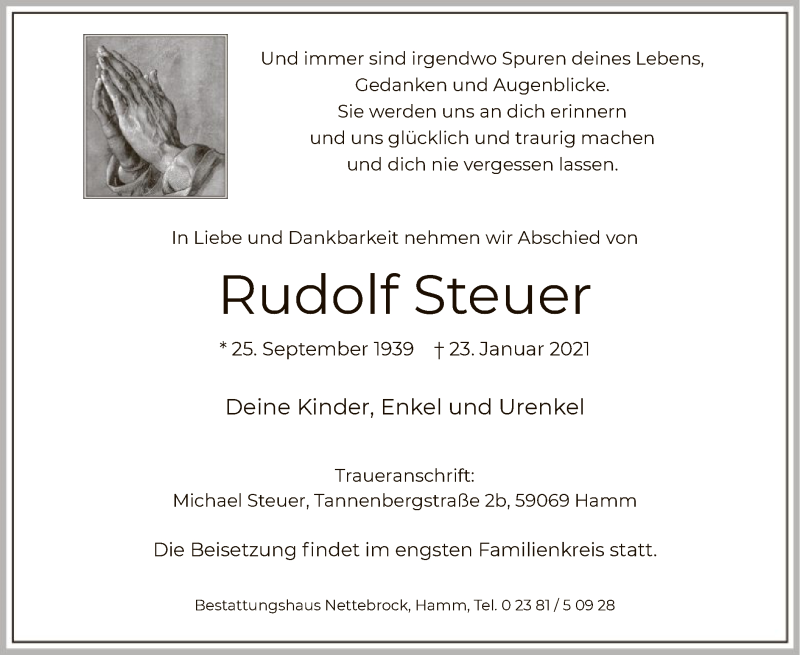  Traueranzeige für Rudolf Steuer vom 30.01.2021 aus WA