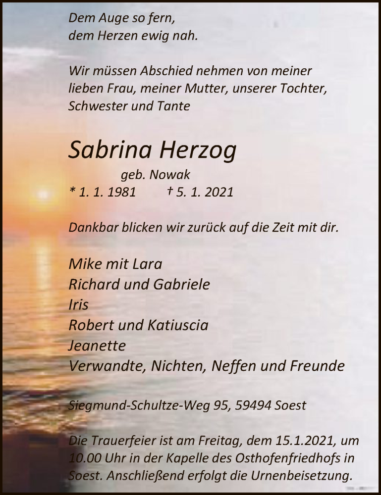  Traueranzeige für Sabrina Herzog vom 09.01.2021 aus WA