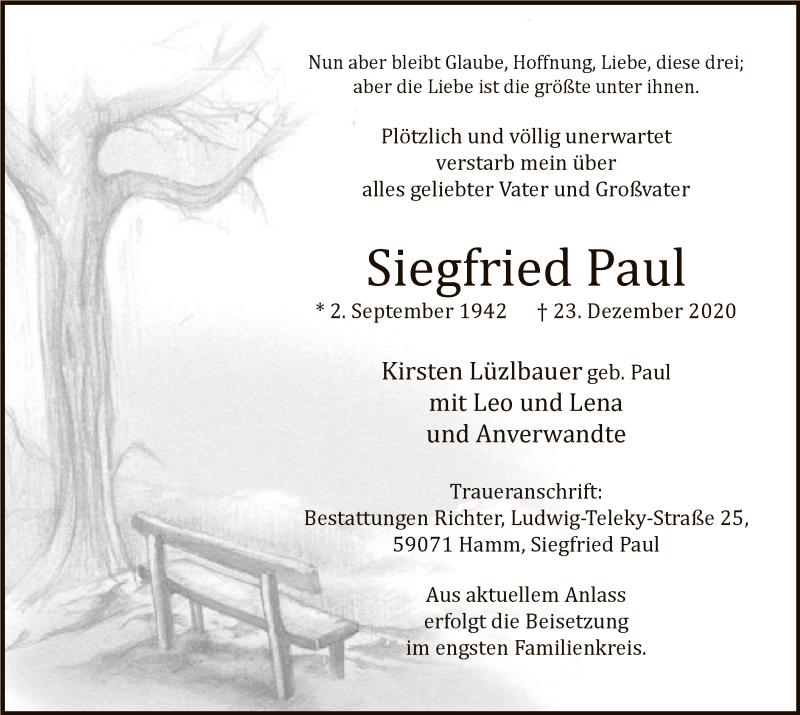  Traueranzeige für Siegfried Paul vom 02.01.2021 aus WA