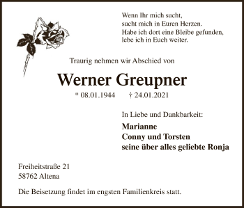 Traueranzeige von Werner Greupner von WA