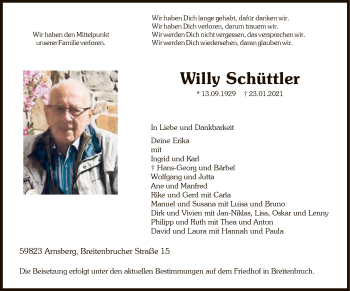 Traueranzeige von Willy Schüttler von WA