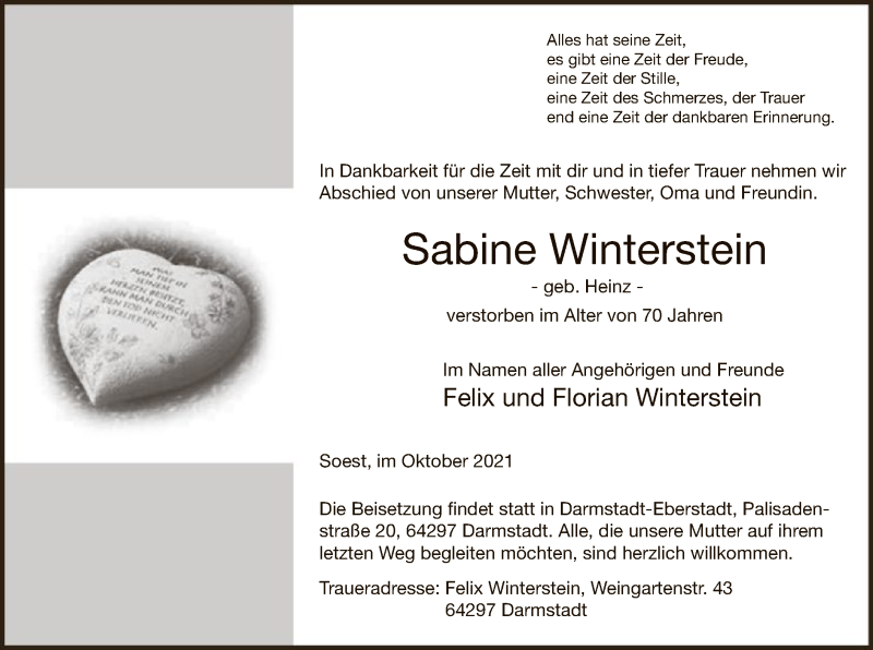 Traueranzeige für Sabine Winterstein vom 05.10.2021 aus WA