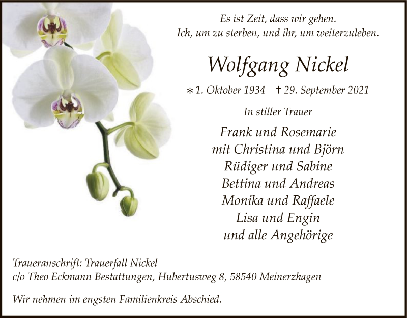  Traueranzeige für Wolfgang Nickel vom 02.10.2021 aus WA