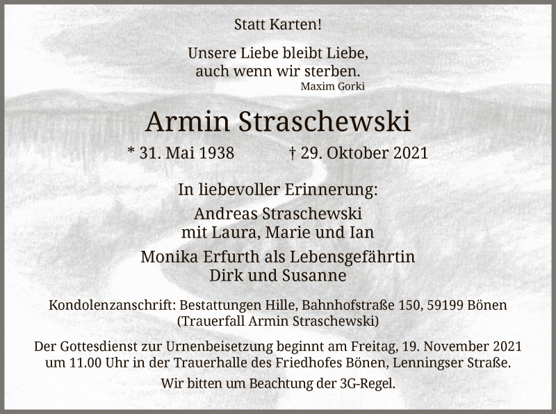  Traueranzeige für Armin Straschewski vom 13.11.2021 aus WA