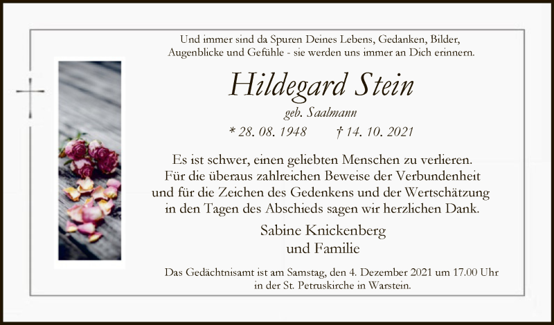  Traueranzeige für Hildegard Stein vom 26.11.2021 aus WA