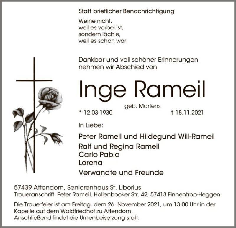  Traueranzeige für Inge Rameil vom 20.11.2021 aus WA