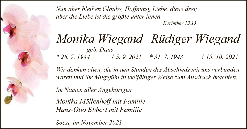 Traueranzeige für Monika und Rüdiger Wiegand vom 13.11.2021 aus WA