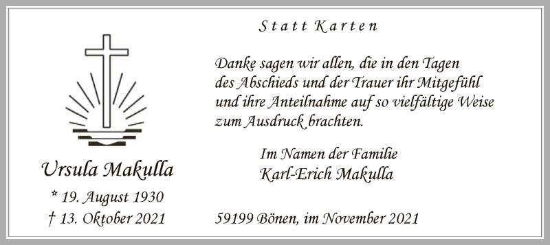  Traueranzeige für Ursula Makulla vom 27.11.2021 aus WA