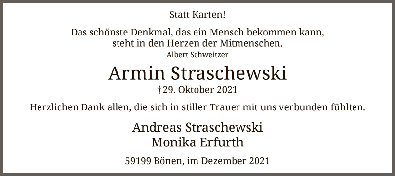  Traueranzeige für Armin Straschewski vom 31.12.2021 aus WA