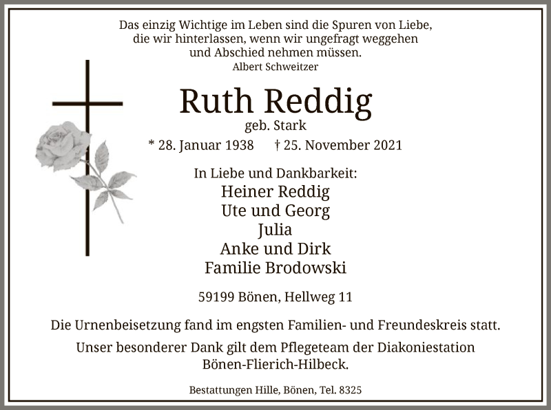  Traueranzeige für Ruth Reddig vom 08.12.2021 aus WA