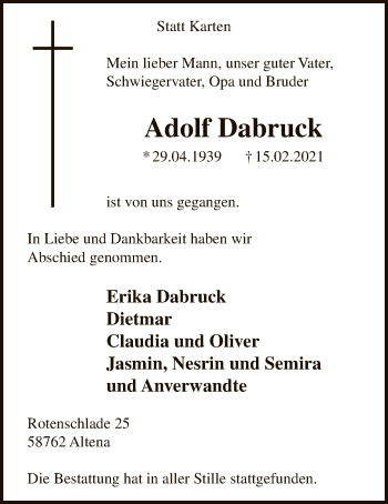 Traueranzeige von Adolf Dabruck von WA