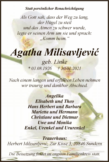 Traueranzeige von Agatha Milisavljevic von WA