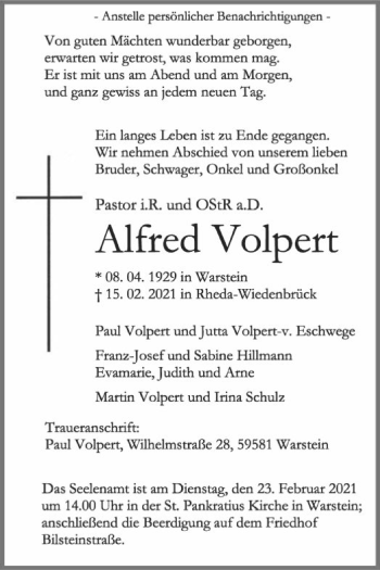 Traueranzeige von Alfred Volpert von WA