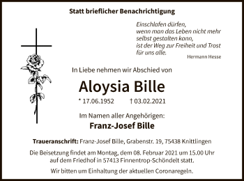 Traueranzeige von Aloysia Bille von WA