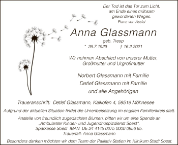 Traueranzeige von Anna Glassmann von WA